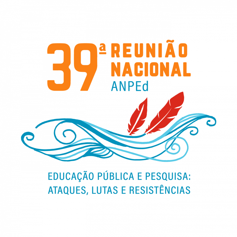 #Pratodosverem Flyer do evento em fundo branco e moldura azul.  No centro, na cor laranja, o título:  39ª Reunião Nacional, seguido da sigla ANPEd em azul e abaixo a logo do evento com detalhes em azul e vermelho.  Na parte final, o tema: “Educação Pública e Pesquisa – ataques, lutas e resistências”