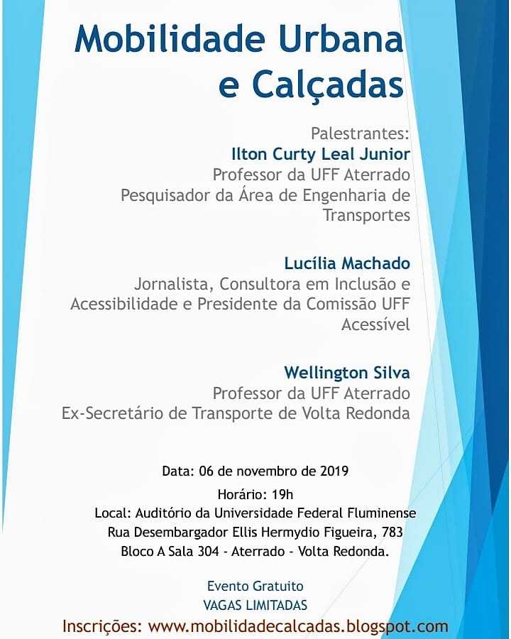 #pratodosverem flyer de fundo branco com detalhes em tons de azul. Na parte de cima o título da palestra "Mobilidade urbana e calçadas". Logo abaixo a direita o nome dos palestrantes. Na parte inferior, as informações de serviço: data horário e local, seguido da informação de que as vagas são limitadas e o link para inscrição. Fim da descrição.